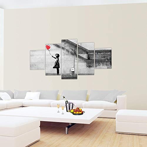 Bilder Banksy Ballon Girl Wandbild 200 x 100 cm Vlies - Leinwand Bild XXL Format Wandbilder Wohnzimmer Wohnung Deko Kunstdrucke Rot Grau 5 Teilig - MADE IN GERMANY - Fertig zum Aufhängen 301651a