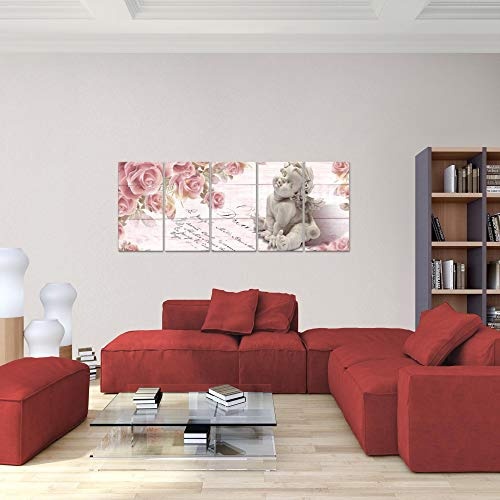 Bilder Engel Blumen Wandbild 150 x 60 cm Vlies - Leinwand Bild XXL Format Wandbilder Wohnzimmer Wohnung Deko Kunstdrucke Rot 5 Teilig - MADE IN GERMANY - Fertig zum Aufhängen 006056b