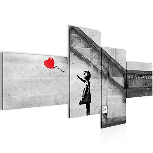 Bilder Banksy Ballon Girl Wandbild 200 x 100 cm Vlies - Leinwand Bild XXL Format Wandbilder Wohnzimmer Wohnung Deko Kunstdrucke Rot Grau 4 Teilig - MADE IN GERMANY - Fertig zum Aufhängen 301641a