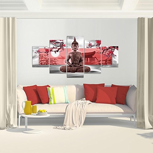 Runa Art Bilder Buddha Feng Shui Wandbild 200 x 100 cm Vlies - Leinwand Bild XXL Format Wandbilder Wohnzimmer Wohnung Deko Kunstdrucke Rot 5 Teilig - Made IN Germany - Fertig zum Aufhängen 504951a