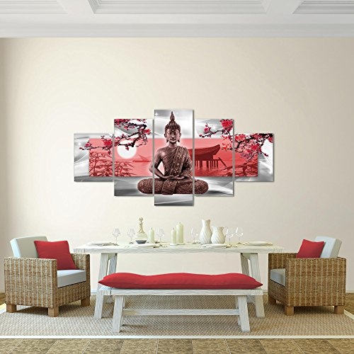 Runa Art Bilder Buddha Feng Shui Wandbild 200 x 100 cm Vlies - Leinwand Bild XXL Format Wandbilder Wohnzimmer Wohnung Deko Kunstdrucke Rot 5 Teilig - Made IN Germany - Fertig zum Aufhängen 504951a