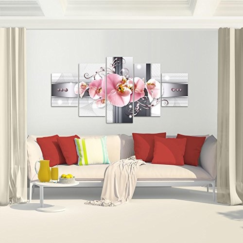 Bilder Blumen Orchidee Wandbild 200 x 100 cm Vlies - Leinwand Bild XXL Format Wandbilder Wohnzimmer Wohnung Deko Kunstdrucke Rot 5 Teilig - Made IN Germany - Fertig zum Aufhängen 008351a