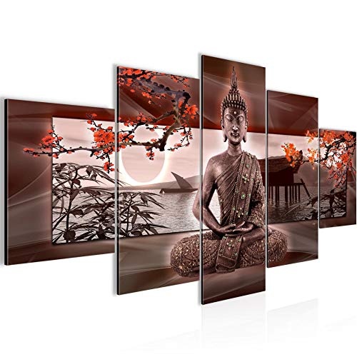 Bilder Buddha Feng Shui Wandbild 150 x 75 cm Vlies - Leinwand Bild XXL Format Wandbilder Wohnzimmer Wohnung Deko Kunstdrucke Rot 5 Teilig - MADE IN GERMANY - Fertig zum Aufhängen 503253a