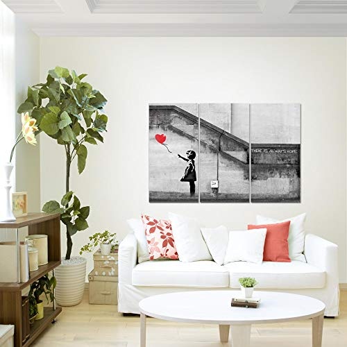 Bilder Banksy - Ballon Girl Wandbild 120 x 80 cm Vlies - Leinwand Bild XXL Format Wandbilder Wohnzimmer Wohnung Deko Kunstdrucke Rot 3 Teilig - Made IN Germany - Fertig zum Aufhängen 301631a