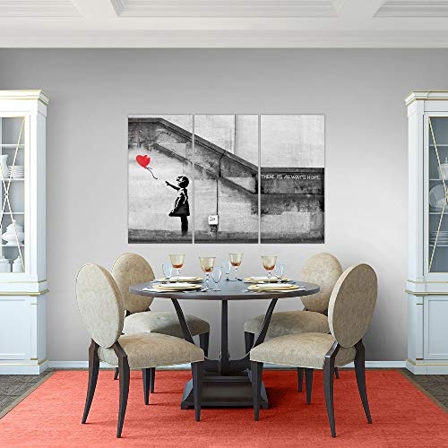 Bilder Banksy - Ballon Girl Wandbild 120 x 80 cm Vlies - Leinwand Bild XXL Format Wandbilder Wohnzimmer Wohnung Deko Kunstdrucke Rot 3 Teilig - Made IN Germany - Fertig zum Aufhängen 301631a