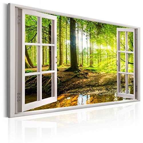 murando - Bilder Fensterblick 120x80 cm Vlies Leinwandbild 1 TLG Kunstdruck modern Wandbilder XXL Wanddekoration Design Wand Bild - Fenster Wald grün c-C-0084-b-a