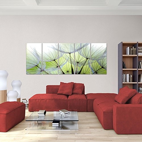 Bilder Blumen Pusteblume Wandbild 200 x 80 cm Vlies - Leinwand Bild XXL Format Wandbilder Wohnzimmer Wohnung Deko Kunstdrucke Grün 5 Teilig - MADE IN GERMANY - Fertig zum Aufhängen 206155a