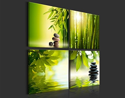 murando - Bilder Bambus Stein 80x80 cm - Leinwandbilder - Fertig Aufgespannt - Vlies Leinwand - 4 Teilig - Wandbilder XXL - Kunstdrucke - Wandbild - Canvas - Natur Wasser grün 9060095