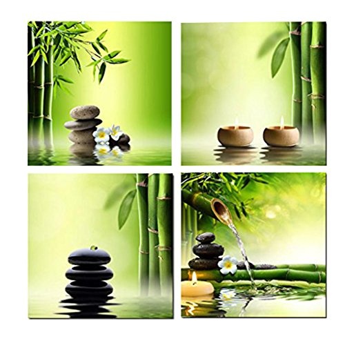 Homyl 4 Stück Pflanzen Sonnenaufgang Sonnenuntergang Wandbilder Kunstdruck Leinwand Bilder - Grüner Bambus
