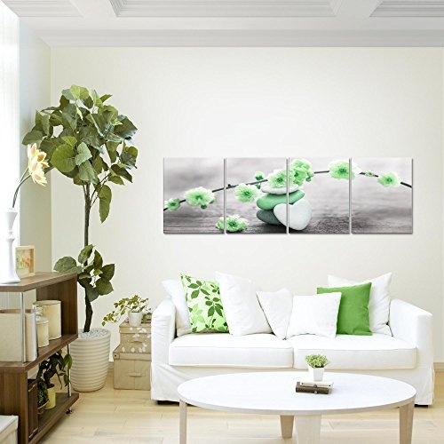 Bilder Feng Shui Blumen Wandbild 160 x 50 cm Vlies - Leinwand Bild XXL Format Wandbilder Wohnzimmer Wohnung Deko Kunstdrucke Grün Grau 4 Teilig - MADE IN GERMANY - Fertig zum Aufhängen 500146b