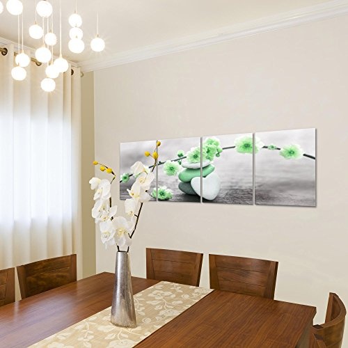 Bilder Feng Shui Blumen Wandbild 160 x 50 cm Vlies - Leinwand Bild XXL Format Wandbilder Wohnzimmer Wohnung Deko Kunstdrucke Grün Grau 4 Teilig - MADE IN GERMANY - Fertig zum Aufhängen 500146b