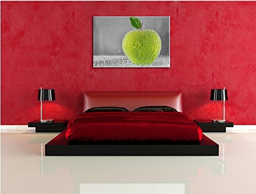 Apfel in Wasser grüner Apfel Obst Früchte Format: 120x80 cm auf Leinwand, XXL riesige Bilder fertig gerahmt mit Keilrahmen, Kunstdruck auf Wandbild mit Rahmen, günstiger als Gemälde oder Ölbild, kein Poster oder Plakat