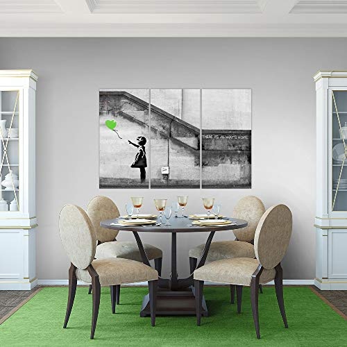Bilder Banksy Ballon Girl Wandbild 120 x 80 cm Vlies - Leinwand Bild XXL Format Wandbilder Wohnzimmer Wohnung Deko Kunstdrucke Grün Grau 3 Teilig - MADE IN GERMANY - Fertig zum Aufhängen 301631b