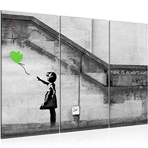 Bilder Banksy Ballon Girl Wandbild 120 x 80 cm Vlies - Leinwand Bild XXL Format Wandbilder Wohnzimmer Wohnung Deko Kunstdrucke Grün Grau 3 Teilig - MADE IN GERMANY - Fertig zum Aufhängen 301631b