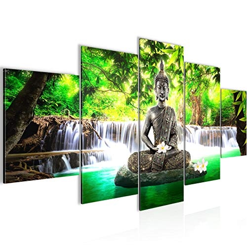 Bilder Buddha Wasserfall Wandbild 150 x 75 cm Vlies - Leinwand Bild XXL Format Wandbilder Wohnzimmer Wohnung Deko Kunstdrucke Grün 5 Teilig - MADE IN GERMANY - Fertig zum Aufhängen 503553a