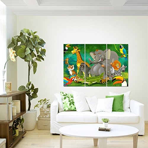 Bilder Afrika Tiere Wandbild 120 x 80 cm Vlies - Leinwand Bild XXL Format Wandbilder Wohnzimmer Wohnung Deko Kunstdrucke Grün 3 Teilig - Made IN Germany - Fertig zum Aufhängen 001831a