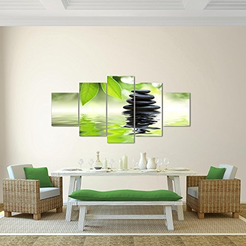 Bilder Feng Shui Steine Wandbild 200 x 100 cm Vlies - Leinwand Bild XXL Format Wandbilder Wohnzimmer Wohnung Deko Kunstdrucke Grün 5 Teilig - MADE IN GERMANY - Fertig zum Aufhängen 501151a