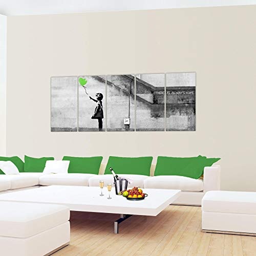 Bilder Banksy Ballon Girl Wandbild 200 x 80 cm Vlies - Leinwand Bild XXL Format Wandbilder Wohnzimmer Wohnung Deko Kunstdrucke Grün Grau 5 Teilig - MADE IN GERMANY - Fertig zum Aufhängen 301655b