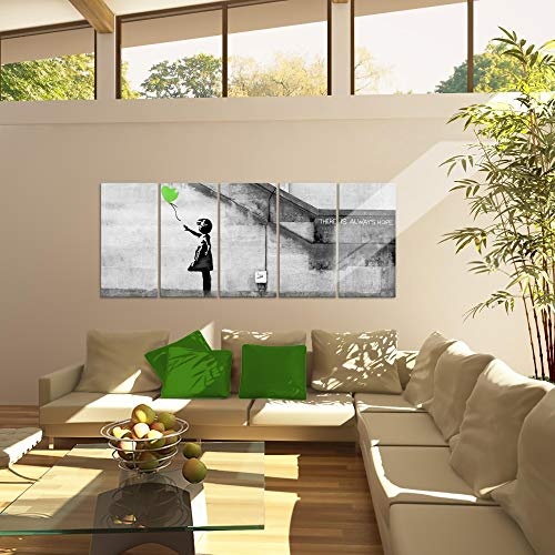 Bilder Banksy Ballon Girl Wandbild 200 x 80 cm Vlies - Leinwand Bild XXL Format Wandbilder Wohnzimmer Wohnung Deko Kunstdrucke Grün Grau 5 Teilig - MADE IN GERMANY - Fertig zum Aufhängen 301655b