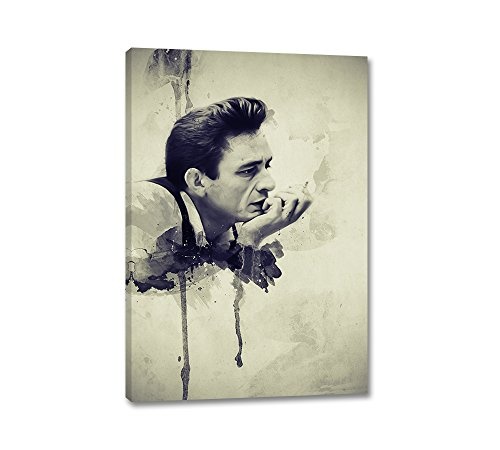 Johnny Cash Aquarell Art 90x60cm Portrait Digital Art Beige Gelb Grün Leinwandbild auf Keilrahmen Caro-Art Wandbilder