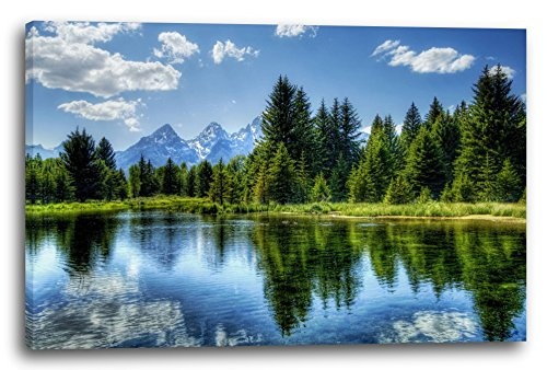 Printed Paintings Leinwand (80x60cm): Landschaftsbilder grüner Wald, dahinter Berge, Spiegelung i