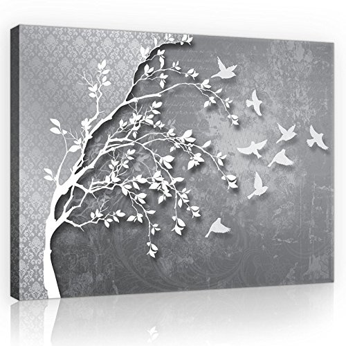 FORWALL Bilder Canvas Silber Baum mit Vögeln O1 (100cm. x 75cm.) Leinwandbilder Wandbild AMFPP10231O1