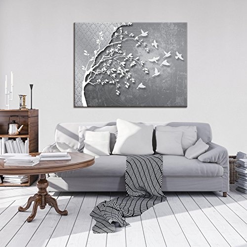 FORWALL Bilder Canvas Silber Baum mit Vögeln O1 (100cm. x 75cm.) Leinwandbilder Wandbild AMFPP10231O1