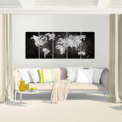 Bilder Weltkarte World map Wandbild 200 x 80 cm Vlies - Leinwand Bild XXL Format Wandbilder Wohnzimmer Wohnung Deko Kunstdrucke Weiß 5 Teilig - Made IN Germany - Fertig zum Aufhängen 002955a