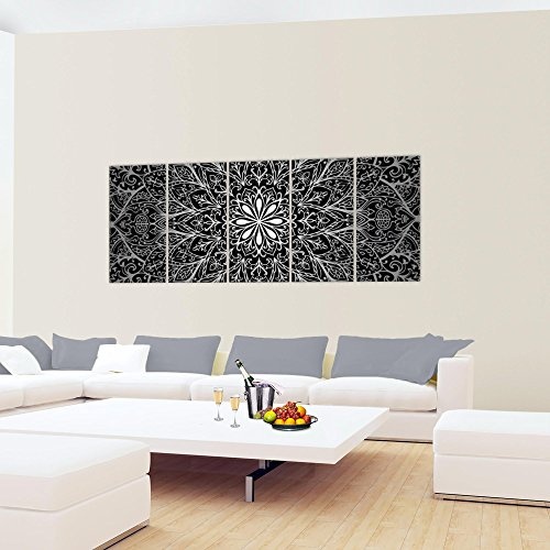 Bilder Mandala Abstrakt Wandbild 200 x 80 cm Vlies - Leinwand Bild XXL Format Wandbilder Wohnzimmer Wohnung Deko Kunstdrucke Schwarz Weiß 5 Teilig - MADE IN GERMANY - Fertig zum Aufhängen 107455c