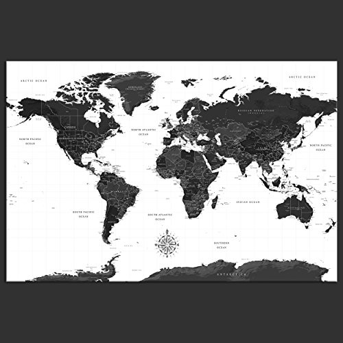 decomonkey Bilder Weltkarte 120x80 cm 1 Teilig Leinwandbilder Bild auf Leinwand Wandbild Kunstdruck Wanddeko Wand Wohnzimmer Wanddekoration Deko Landkarte Kontinente schwarz weiß
