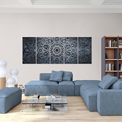 Bilder Mandala Abstrakt Wandbild 200 x 80 cm Vlies - Leinwand Bild XXL Format Wandbilder Wohnzimmer Wohnung Deko Kunstdrucke Blau 5 Teilig - Made IN Germany - Fertig zum Aufhängen 109455c