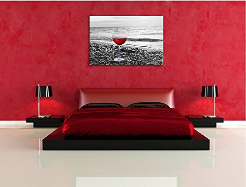 Pixxprint Weinglas am Steinstrand Schwarz/Weiß, Format: 120x80 auf Leinwand