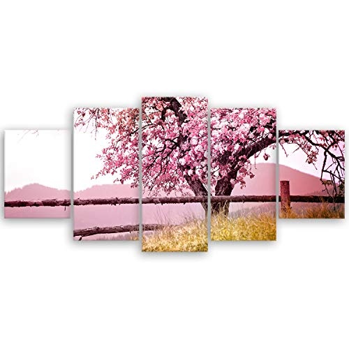 ge Bildet® hochwertiges Leinwandbild XXL Pflanzen Bilder - Frühlingsbaum - Natur Baum Rosa Pink - 150 x 70 cm mehrteilig (5 teilig) 2206 A