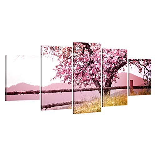 ge Bildet® hochwertiges Leinwandbild XXL Pflanzen Bilder - Frühlingsbaum - Natur Baum Rosa Pink - 150 x 70 cm mehrteilig (5 teilig) 2206 A