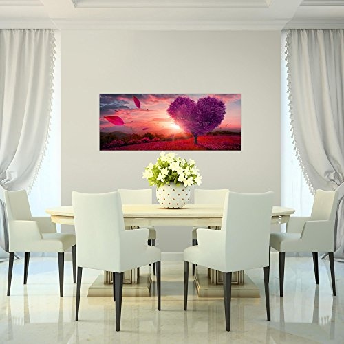 Bilder Herbst Baum Herz Wandbild 100 x 40 cm Vlies - Leinwand Bild XXL Format Wandbilder Wohnzimmer Wohnung Deko Kunstdrucke Violett 1 Teilig - Made IN Germany - Fertig zum Aufhängen 605812b