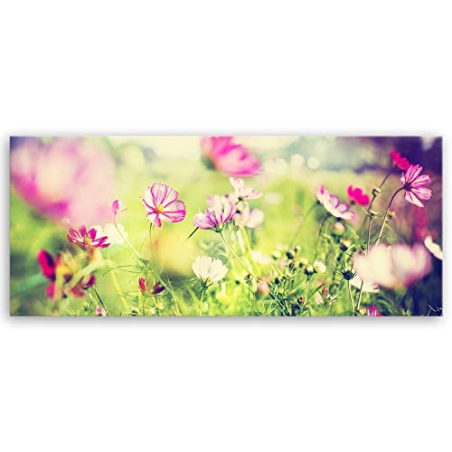ge Bildet® hochwertiges Leinwandbild Panorama Pflanzen Bilder - Frühling - Blumen Natur Wiese rosa pink bunt - 100 x 40 cm einteilig 2207 L