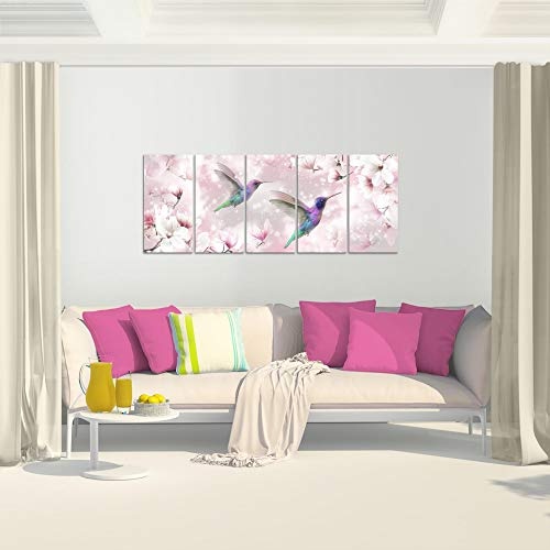Bilder Blumen Magnolien Wandbild 150 x 60 cm Vlies - Leinwand Bild XXL Format Wandbilder Wohnzimmer Wohnung Deko Kunstdrucke Pink 5 Teilig - MADE IN GERMANY - Fertig zum Aufhängen 015656a