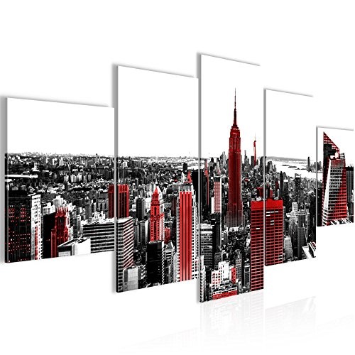 Bilder New York Stadt Wandbild 200 x 100 cm Vlies - Leinwand Bild XXL Format Wandbilder Wohnzimmer Wohnung Deko Kunstdrucke Rot Grau 5 Teilig - MADE IN GERMANY - Fertig zum Aufhängen 003751a