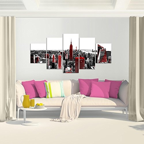 Bilder New York Stadt Wandbild 200 x 100 cm Vlies - Leinwand Bild XXL Format Wandbilder Wohnzimmer Wohnung Deko Kunstdrucke Rot Grau 5 Teilig - MADE IN GERMANY - Fertig zum Aufhängen 003751a