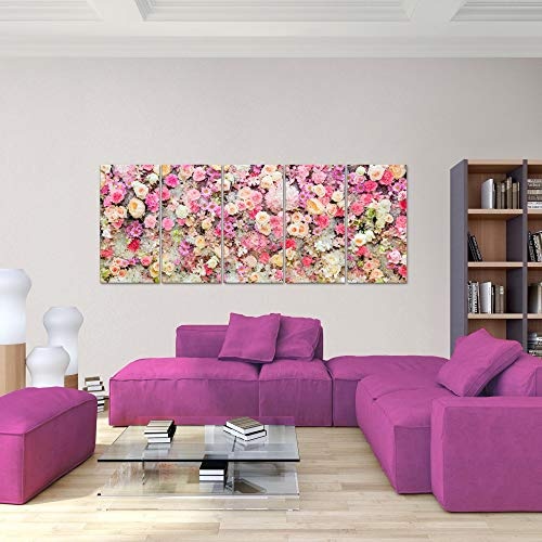 Bilder Blumen Wandbild 200 x 80 cm Vlies - Leinwand Bild XXL Format Wandbilder Wohnzimmer Wohnung Deko Kunstdrucke Pink 5 Teilig - MADE IN GERMANY - Fertig zum Aufhängen 015455a