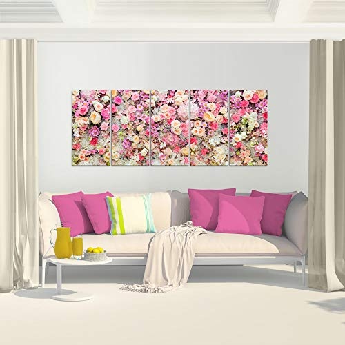 Bilder Blumen Wandbild 200 x 80 cm Vlies - Leinwand Bild XXL Format Wandbilder Wohnzimmer Wohnung Deko Kunstdrucke Pink 5 Teilig - MADE IN GERMANY - Fertig zum Aufhängen 015455a