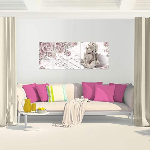 Bilder Engel Blumen Wandbild 150 x 60 cm Vlies - Leinwand Bild XXL Format Wandbilder Wohnzimmer Wohnung Deko Kunstdrucke Pink 5 Teilig - MADE IN GERMANY - Fertig zum Aufhängen 006056a