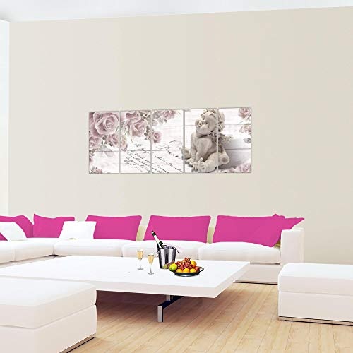Bilder Engel Blumen Wandbild 150 x 60 cm Vlies - Leinwand Bild XXL Format Wandbilder Wohnzimmer Wohnung Deko Kunstdrucke Pink 5 Teilig - MADE IN GERMANY - Fertig zum Aufhängen 006056a
