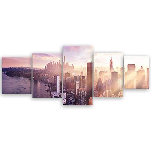 ge Bildet® hochwertiges Leinwandbild XXL XXL - Sonnenuntergang über Manhattan - New York City - 200 x 80 cm mehrteilig (5 teilig) 2211 G