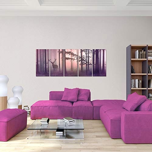 Bilder Wald Hirsch Wandbild 150 x 60 cm Vlies - Leinwand Bild XXL Format Wandbilder Wohnzimmer Wohnung Deko Kunstdrucke Pink 5 Teilig - MADE IN GERMANY - Fertig zum Aufhängen 013456b