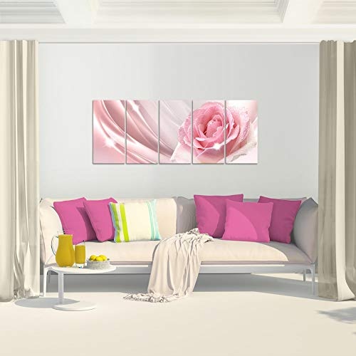 Bilder Blumen Rose Wandbild 150 x 60 cm Vlies - Leinwand Bild XXL Format Wandbilder Wohnzimmer Wohnung Deko Kunstdrucke Pink 5 Teilig - MADE IN GERMANY - Fertig zum Aufhängen 201056a