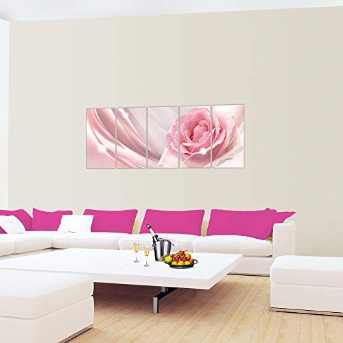 Bilder Blumen Rose Wandbild 150 x 60 cm Vlies - Leinwand Bild XXL Format Wandbilder Wohnzimmer Wohnung Deko Kunstdrucke Pink 5 Teilig - MADE IN GERMANY - Fertig zum Aufhängen 201056a