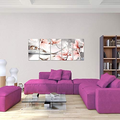 Bilder Blumen Magnolien Wandbild 150 x 60 cm Vlies - Leinwand Bild XXL Format Wandbilder Wohnzimmer Wohnung Deko Kunstdrucke Pink 5 Teilig - MADE IN GERMANY - Fertig zum Aufhängen 207256a