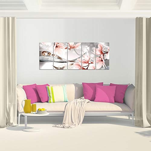 Bilder Blumen Magnolien Wandbild 150 x 60 cm Vlies - Leinwand Bild XXL Format Wandbilder Wohnzimmer Wohnung Deko Kunstdrucke Pink 5 Teilig - MADE IN GERMANY - Fertig zum Aufhängen 207256a