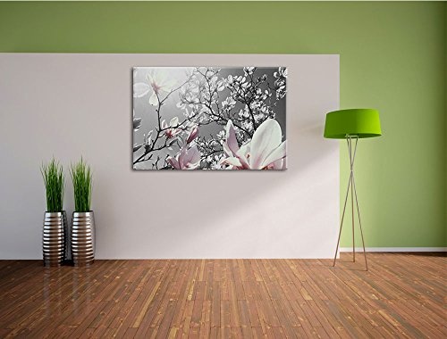 schöne Magnolie Blüten schwarz/weiß Format: 100x70 auf Leinwand, XXL riesige Bilder fertig gerahmt mit Keilrahmen, Kunstdruck auf Wandbild mit Rahmen, günstiger als Gemälde oder Ölbild, kein Poster oder Plakat